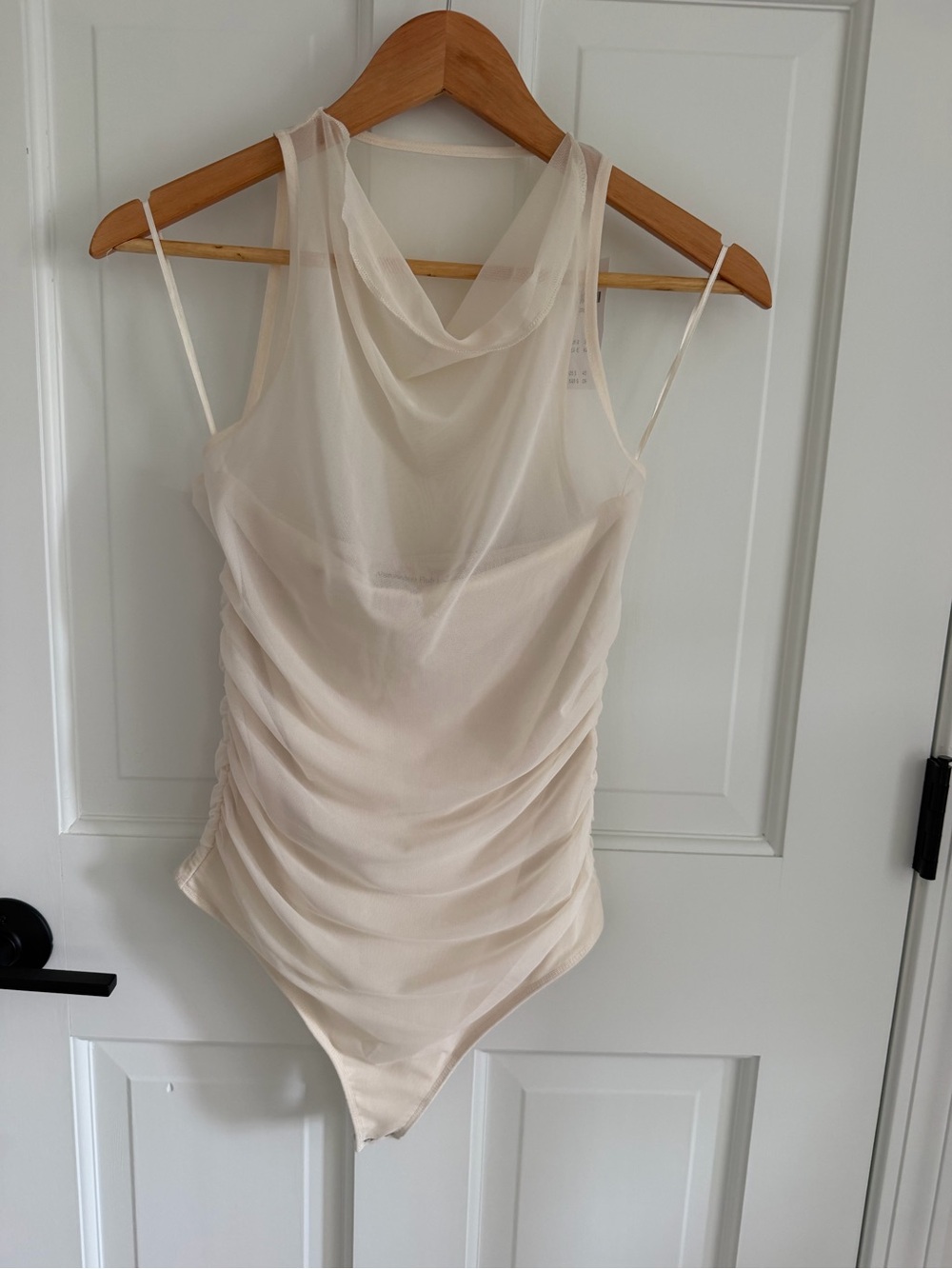 NWT Abercrombie Cowl Neck Sheer Ruched Sleeveless Bodysuit in Cream Sz Small - Picture 2 of 6